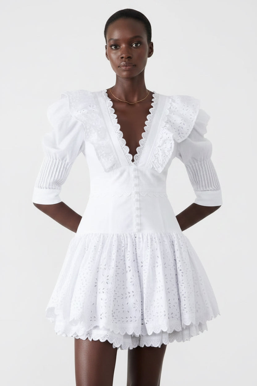 French Royal V Neck Puff Sleeve Short Dress Lace Waist Slimming Short Dress