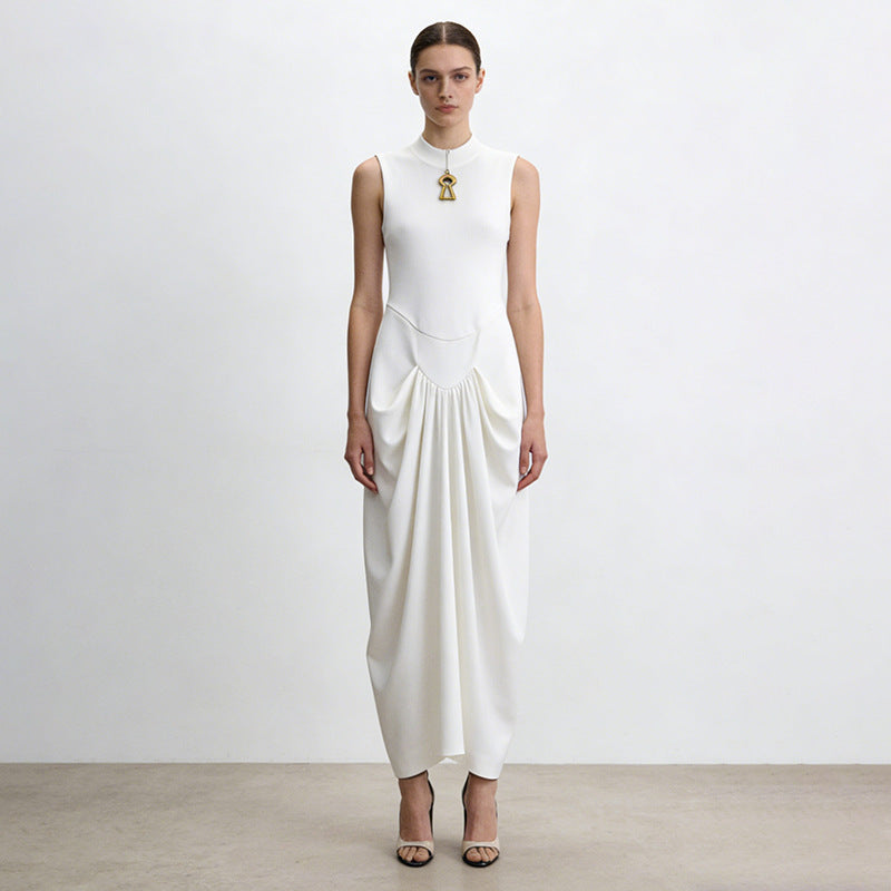 Sleeveless Hollow Out Cutout Metal Twist Pinch Pleated Maxi Dress