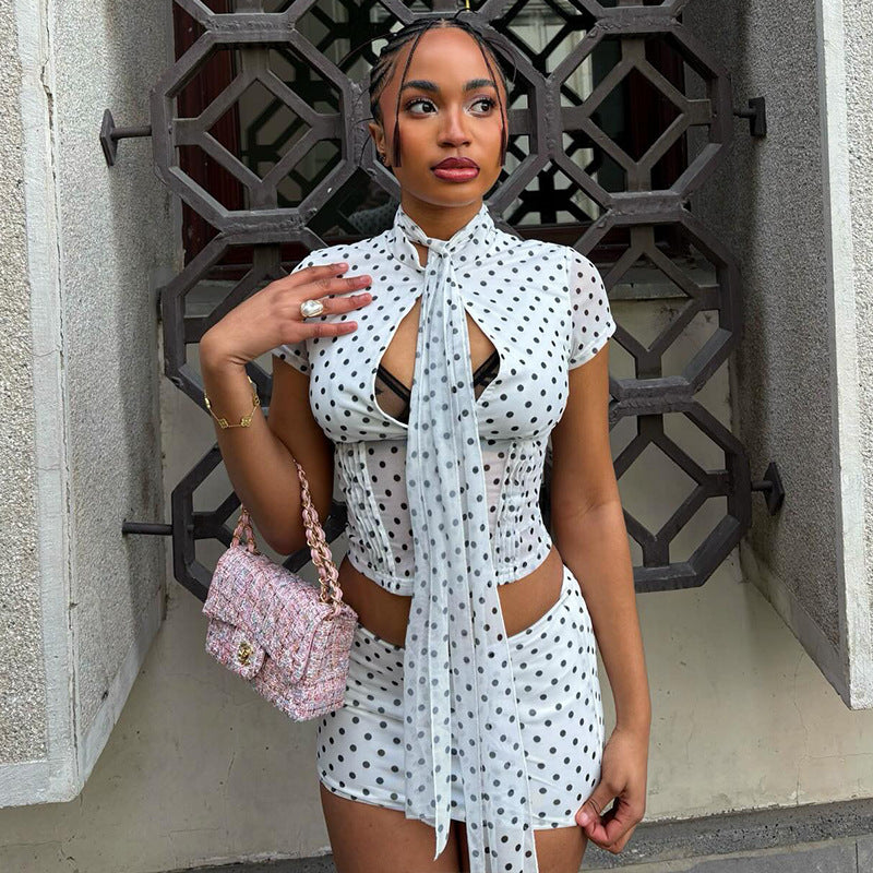 Design Short sleeve with Halter Neck Tie Polka Dot Pattern Two piece Sets