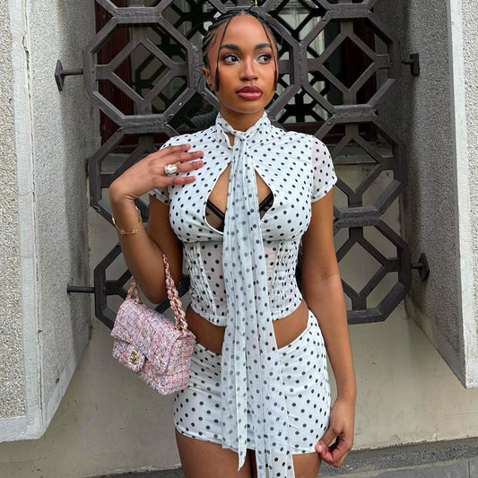 Design Short sleeve with Halter Neck Tie Polka Dot Pattern Two piece Sets