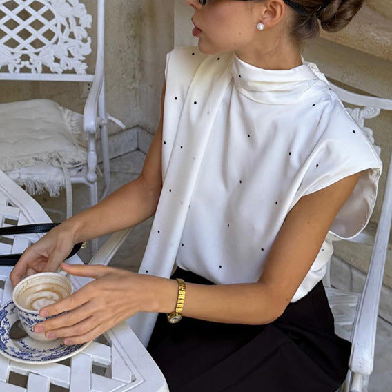 Polka Dot Split Backless Lace up Bow Stand Collar Vest Sleeveless Top