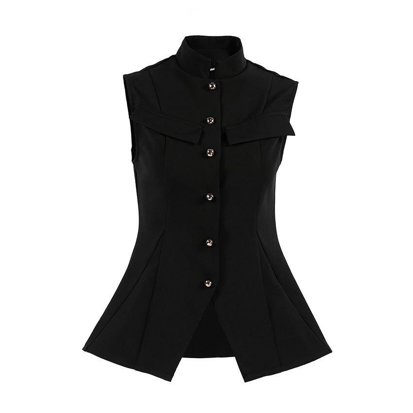 Stand Collar Breasted Sleeveless Waist Split Top Vest