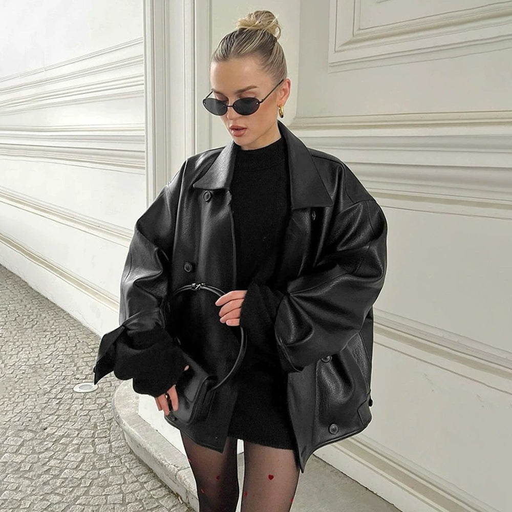 Retro Brown Leather Loose Collar Leather Jacket Coat Mid Length