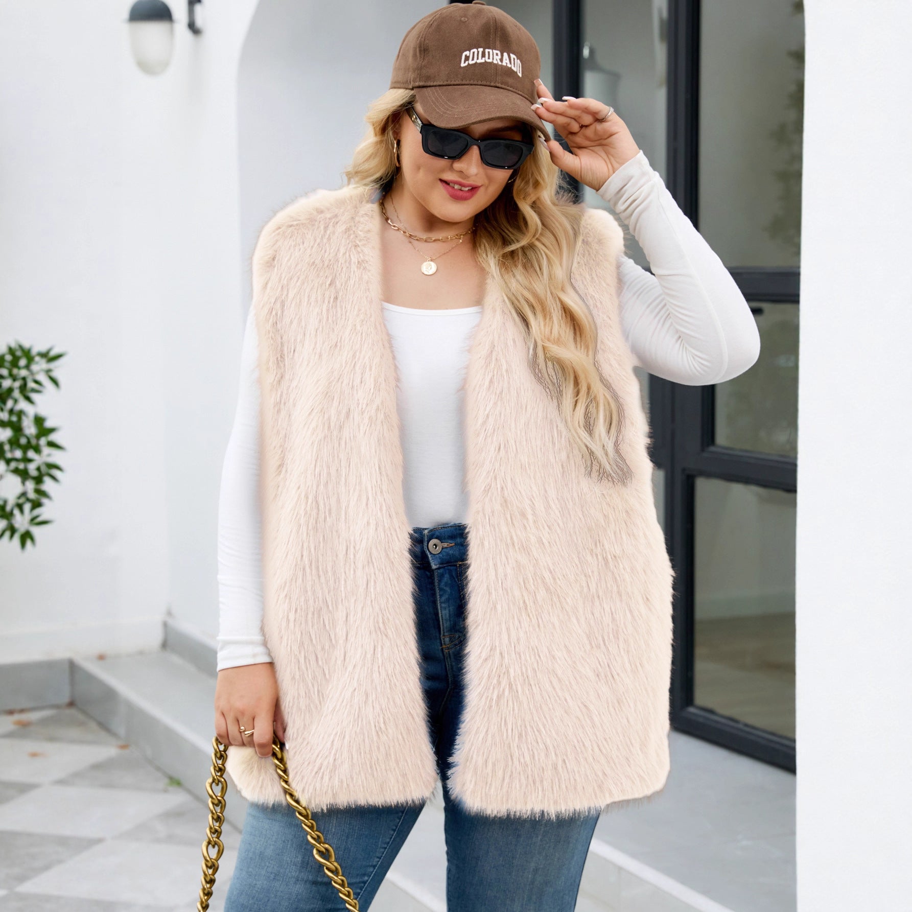 Plus Size Faux Fur V-Neck Vest Coat Sleeveless Vest