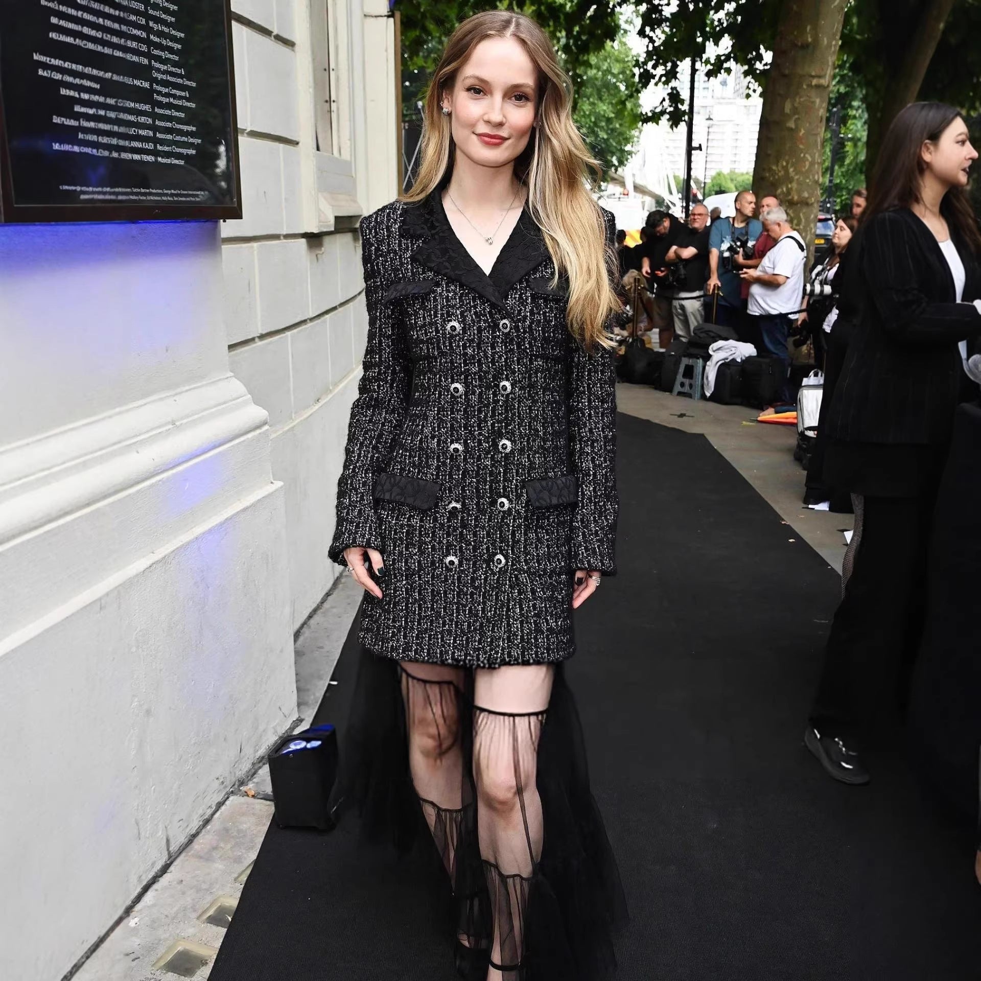 Black White Tweed Short Coat Double Breasted Design with Black Tulle Skirt Two Piece Sets