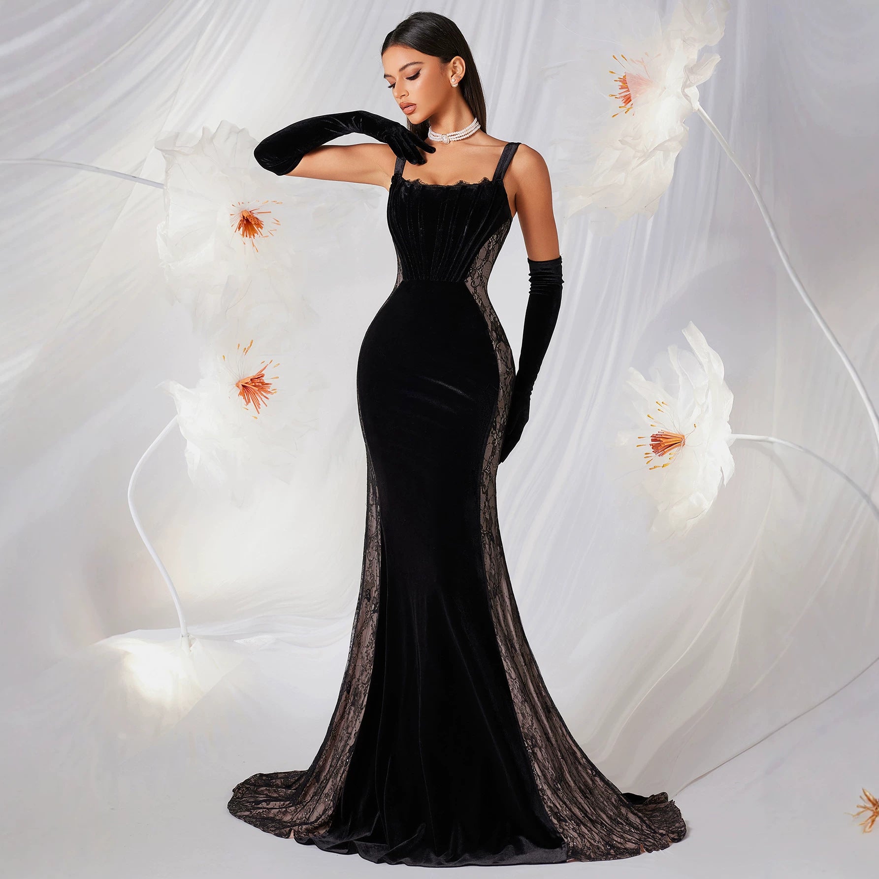 Black Velvet Lace Fishtail Evening Dress Sling Boning Corset Slim Fit Cocktail Annual Meeting Host Long Tail Dress