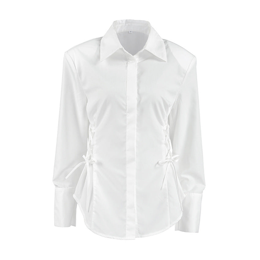 Padded Shoulder Lace Waist Long Sleeves Top Niche White Shirt