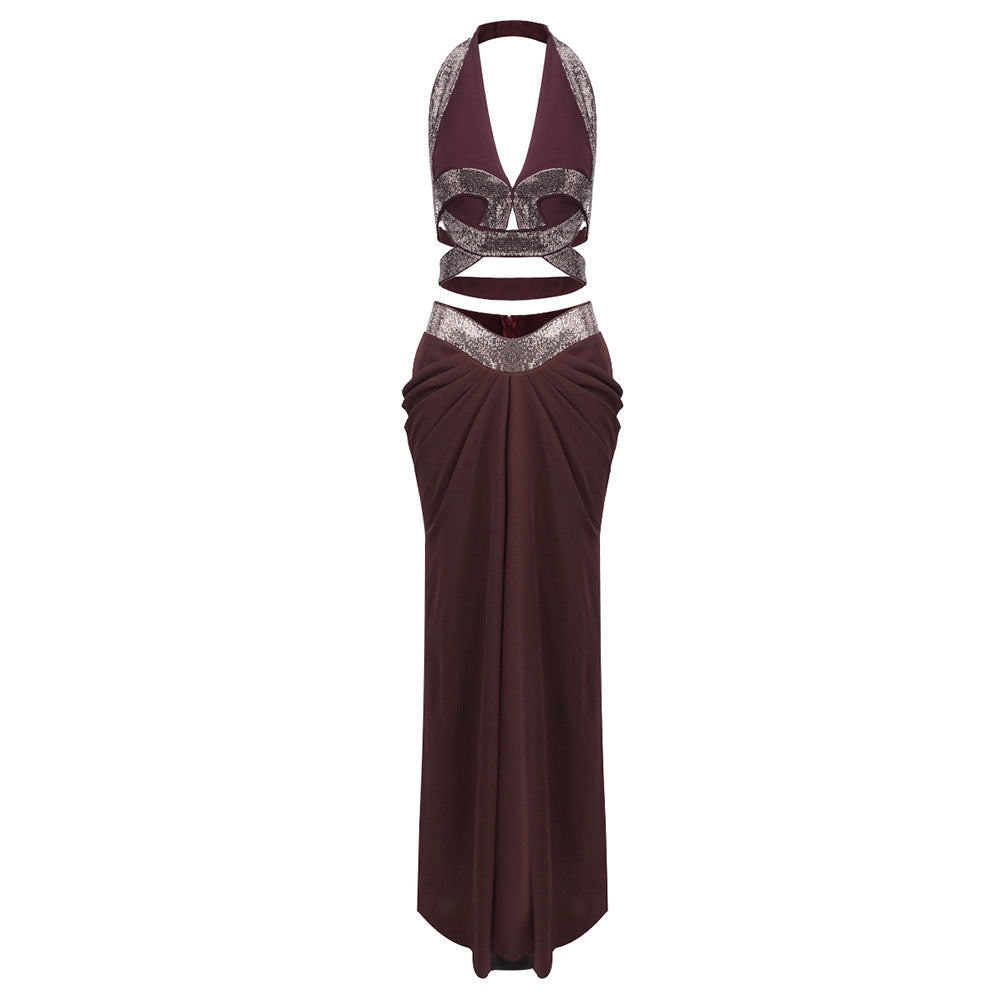 Black Halter Cropped Outfit Pleated Floor Length Dress