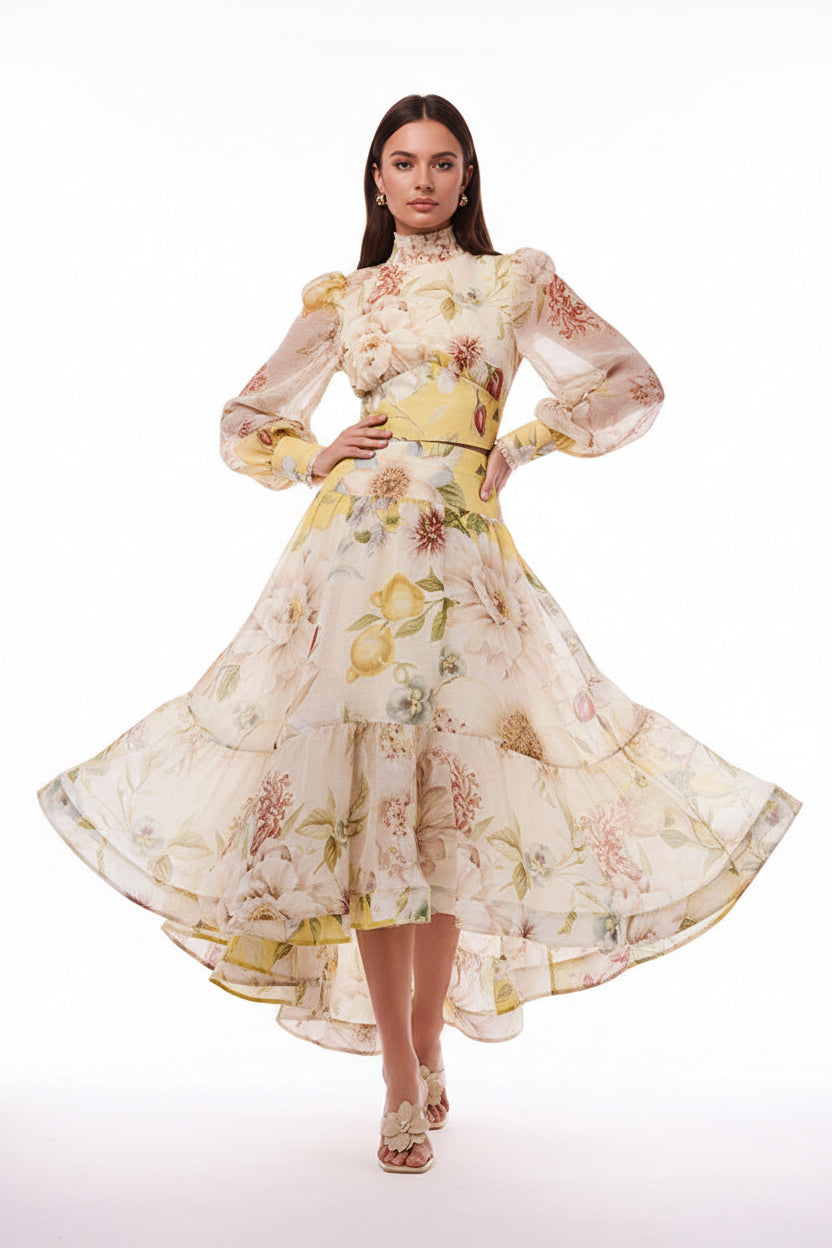 Autumn High Neck Puff Sleeve Waist Controlled Top Big Hem Skirt Sets