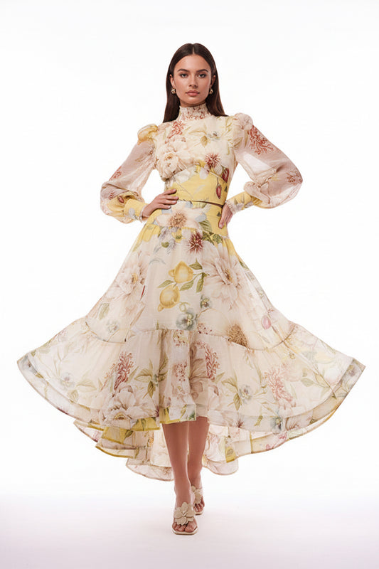 Autumn High Neck Puff Sleeve Waist Controlled Top Big Hem Skirt Sets