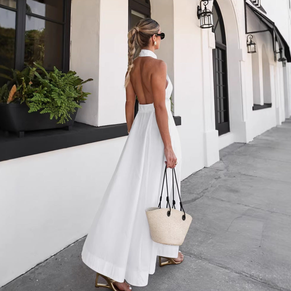 White Cotton Sleeveless Halter Dress Backless Sexy Arrival Maxi Dress