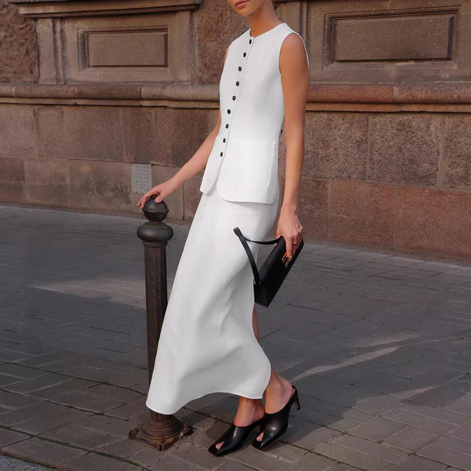 White Casual Set Fitted Waist Vest Split Straight Skirt Two Piece Set