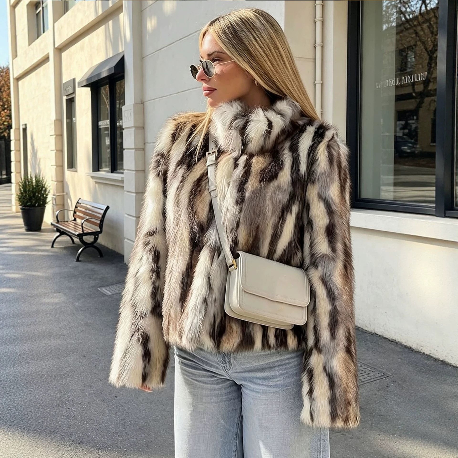 Artificial Fur Jacket Black White Top Fuzzy Coats