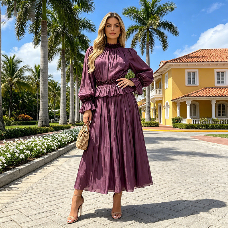 Autumn Cocktail Diamond Lantern Sleeve Petal Collar Waist Tight Skirt Two Piece Sets Women