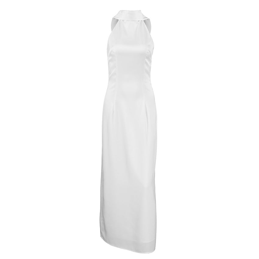 Elegant White Silk like Halter Sleeveless Slim Fit Back Slit Dress