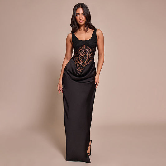 Winter Sexy Sleeveless Vest Lace Stitching Side Slit Dress