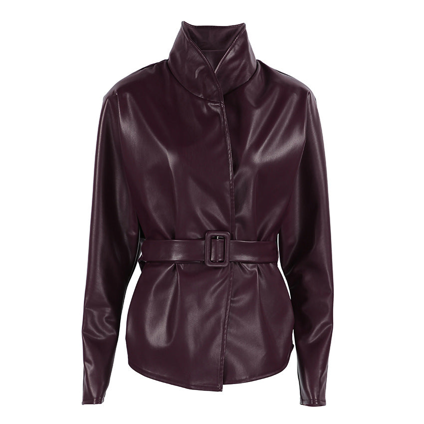 Long Sleeve Stand Collar Belt Waist Tight Figure Flattering Leather Jacket