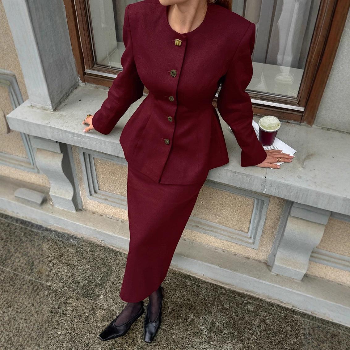 Red round Neck Long Sleeve Waist Blazer Split Skirt Two Piece Set