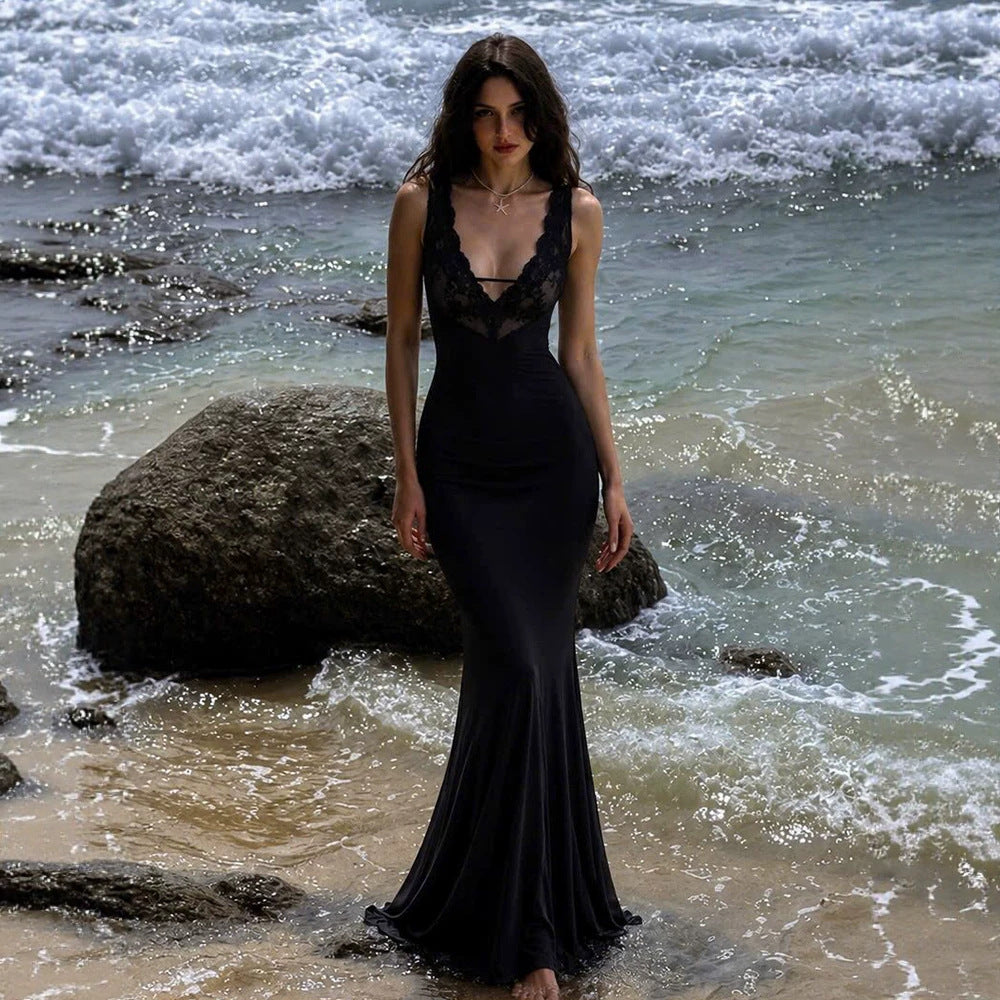 Black Lace V-Neck Suspender Fishtail Dress Slim Fit