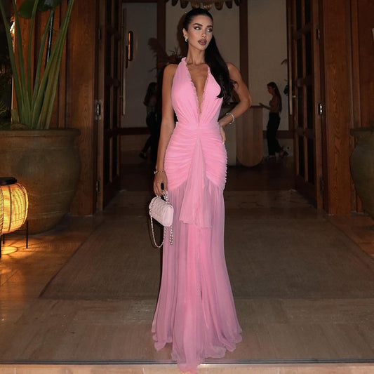 Solid Color Mesh Stitching Halter Pleated Dress For