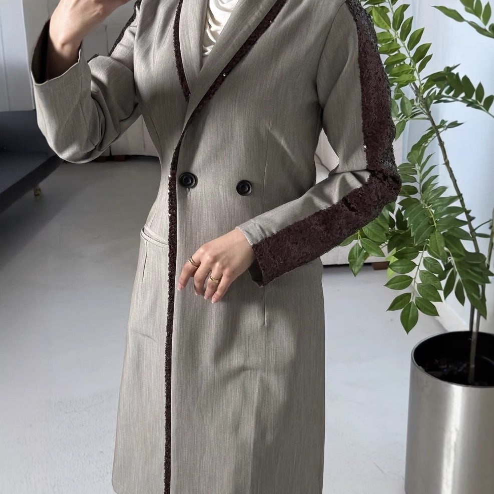 Early Autumn Heavy Industry Sequin Stitching Mid Length Trench Coat Coat Overcoat Women