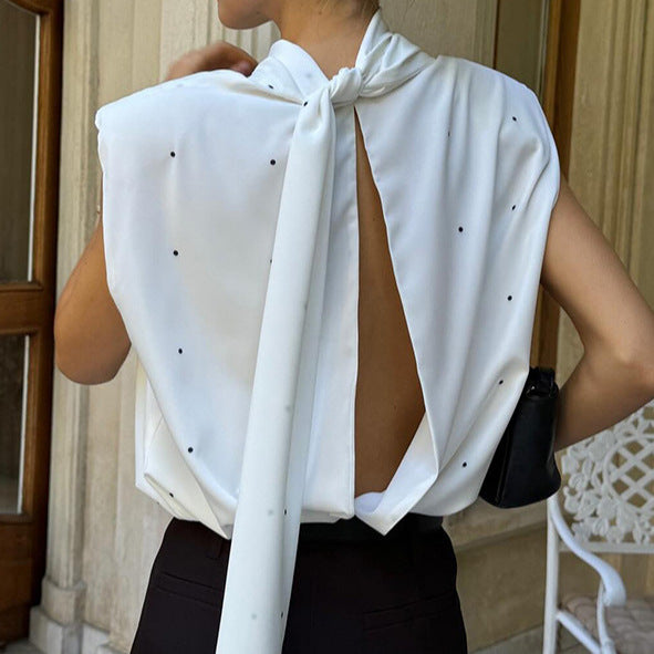 Polka Dot Split Backless Lace up Bow Stand Collar Vest Sleeveless Top
