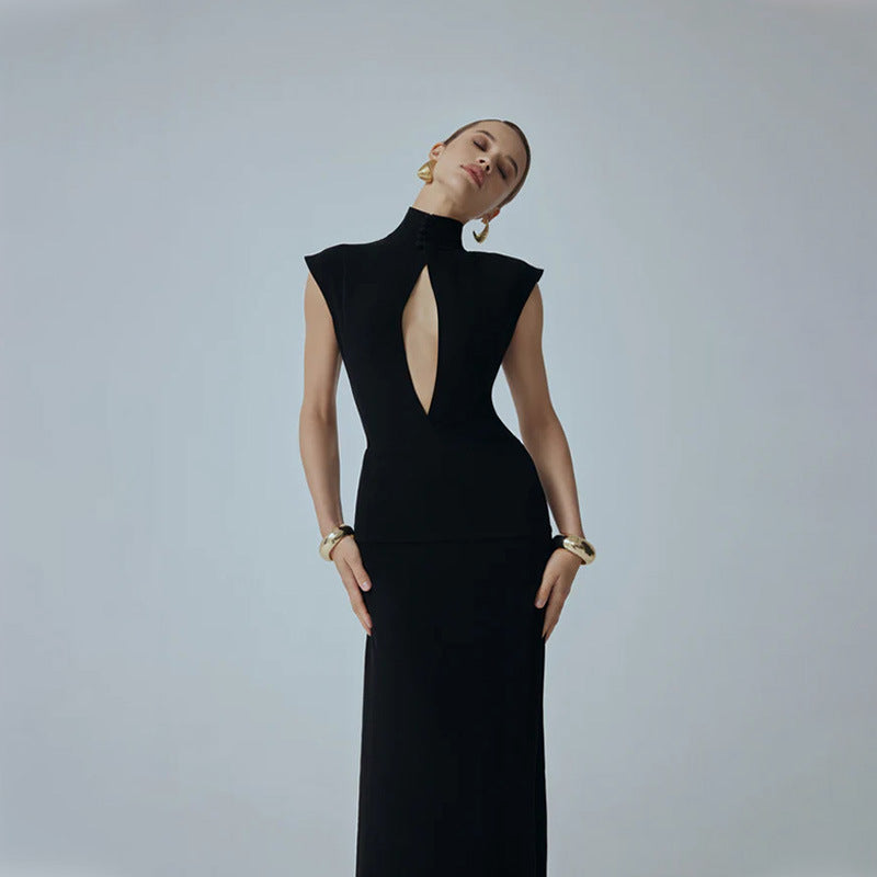 Stand Collar Chest Hollow Out Cutout out Mesh Stitching Mop Dress