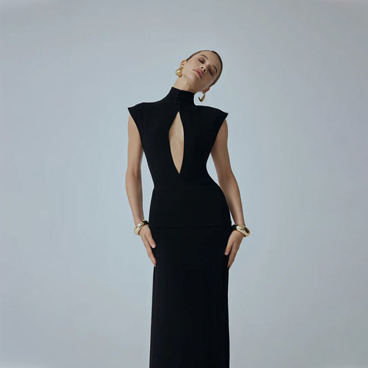 Stand Collar Chest Hollow Out Cutout out Mesh Stitching Mop Dress