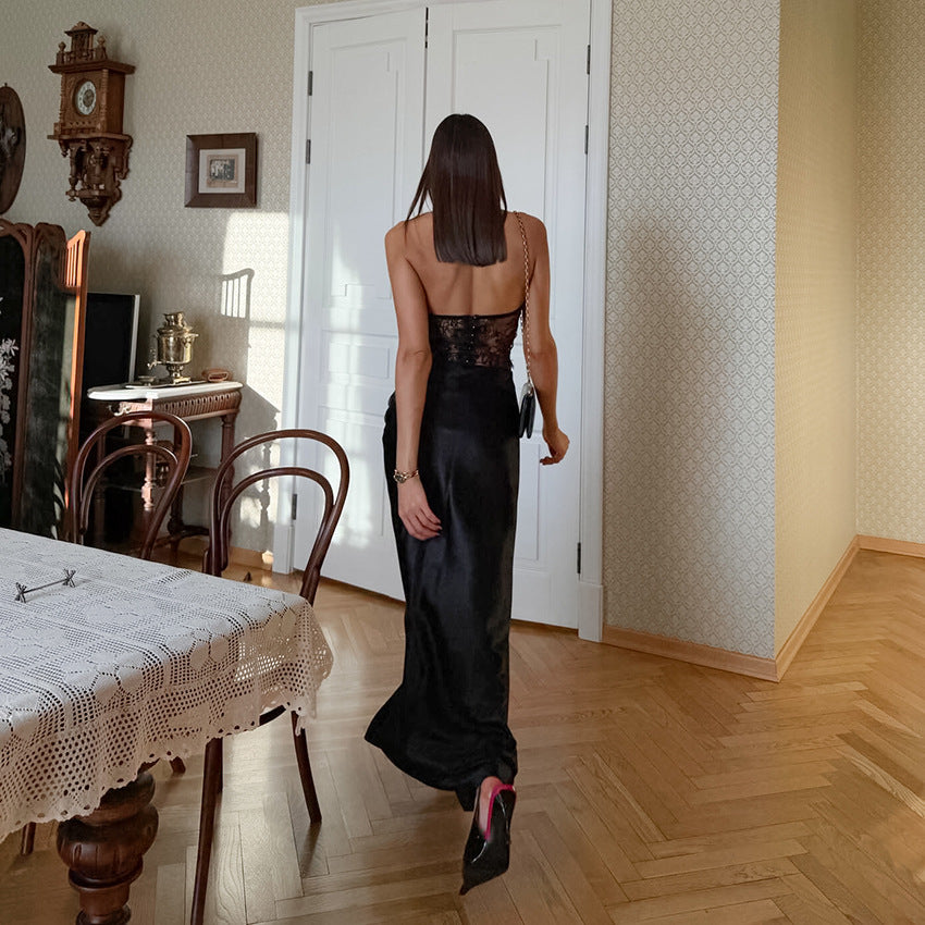 Black Lace See through Halterneck Vest Satin High Waist Skirt Two Piece Set