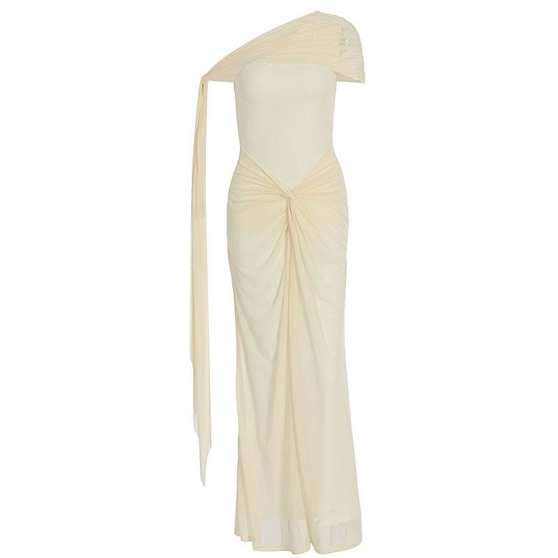 Shoulder Irregular Asymmetric Maxi Dress Pleated Slim Summer Dress
