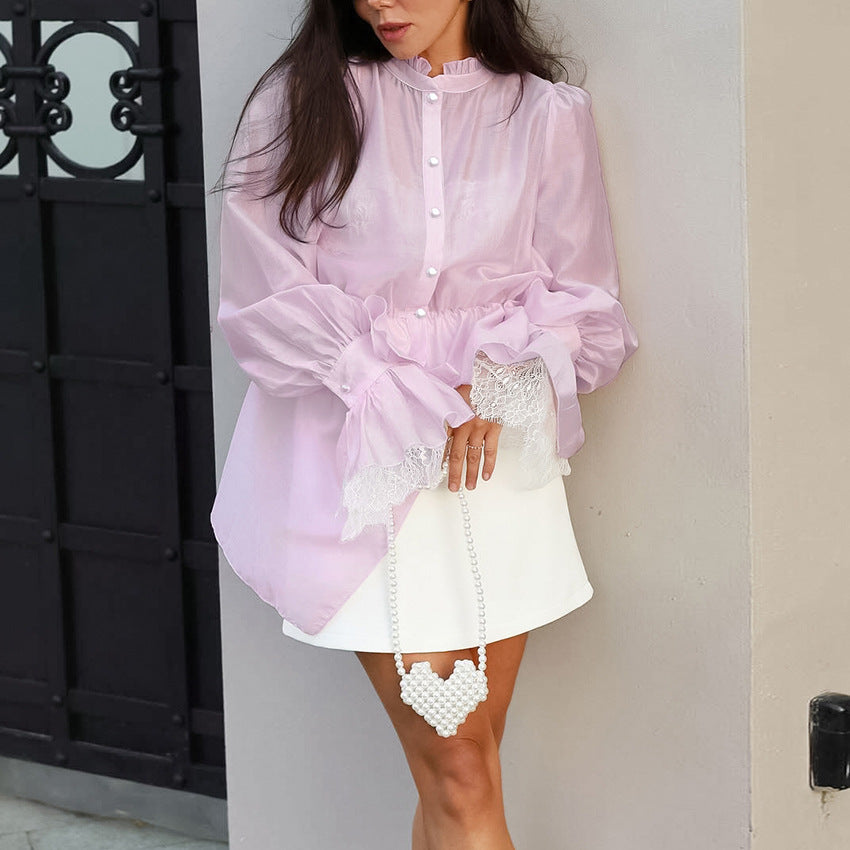 French Gentle Tencel Long Sleeve Waist Tight Puff Sleeve Top Blouse