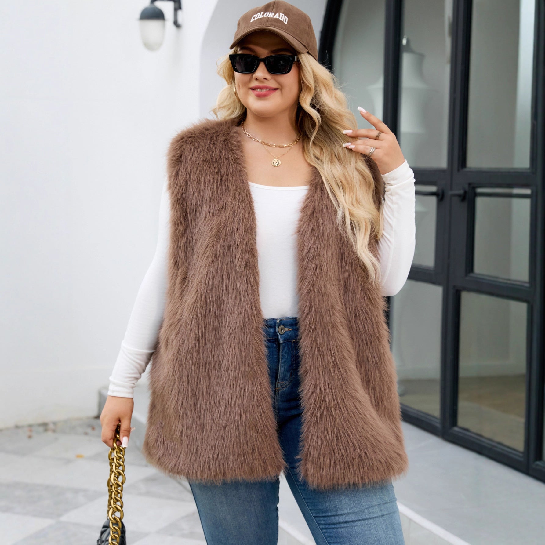 Plus Size Faux Fur V-Neck Vest Coat Sleeveless Vest