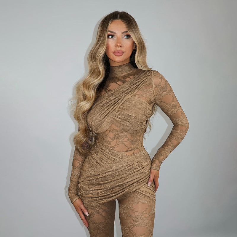 Patchwork See through Sexy Lace Long Sleeve round Neck Tight