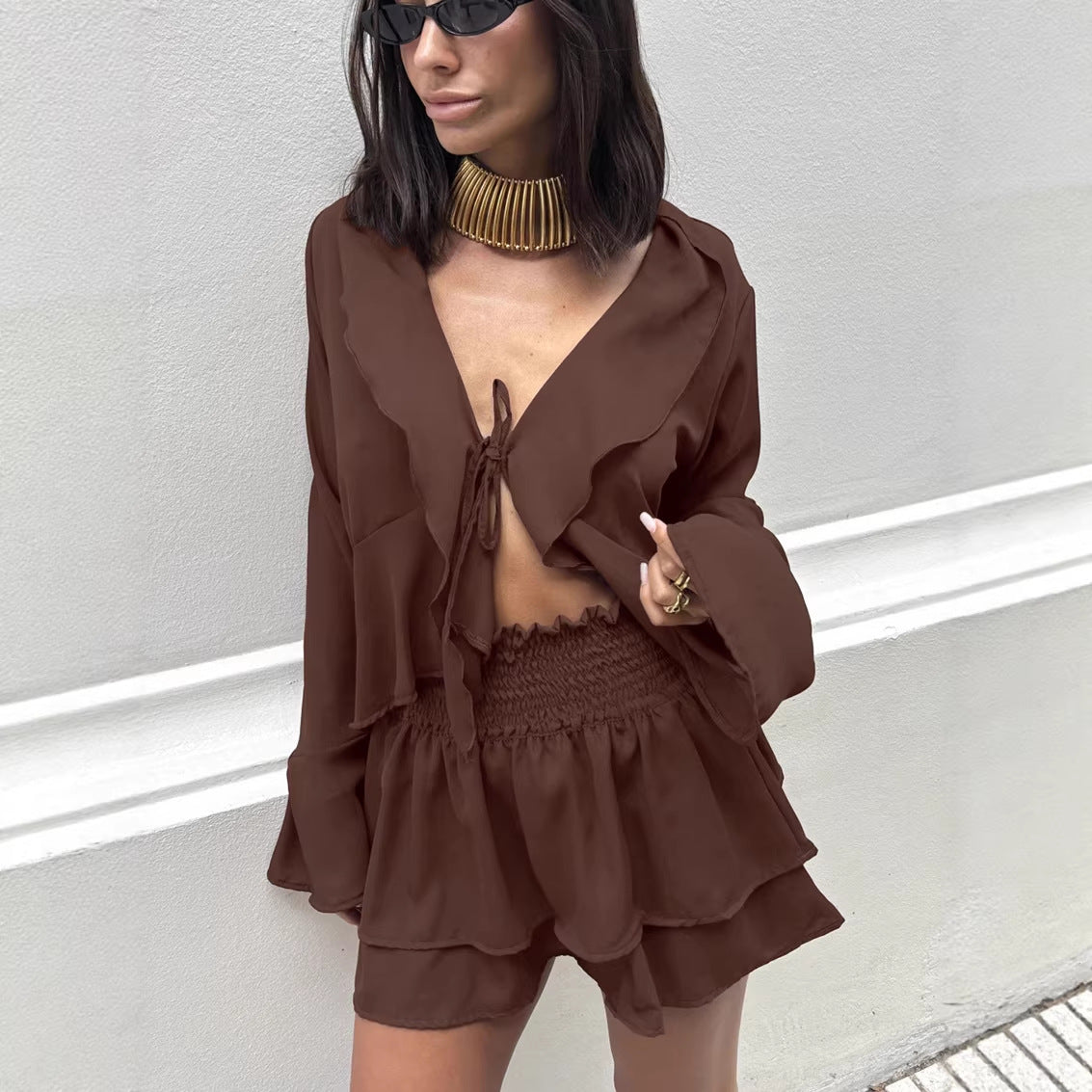 Ruffled Long Sleeve V neck Cropped Shirt Short Skirt Two Piece Set