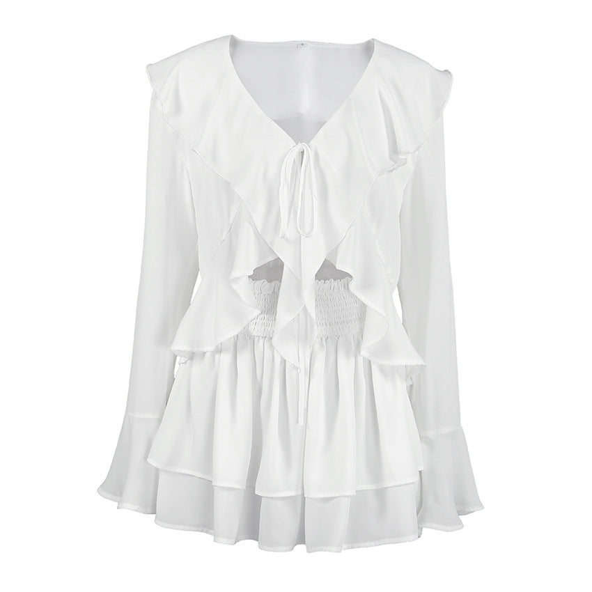 Ruffled Long Sleeve V neck Cropped Shirt Short Skirt Two Piece Set