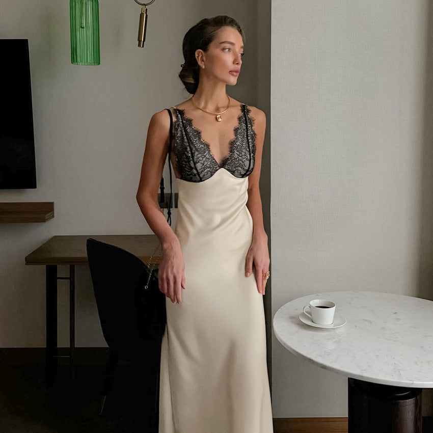 V neck Lace Stitching Satin Dress Slim Fit Maxi Dress