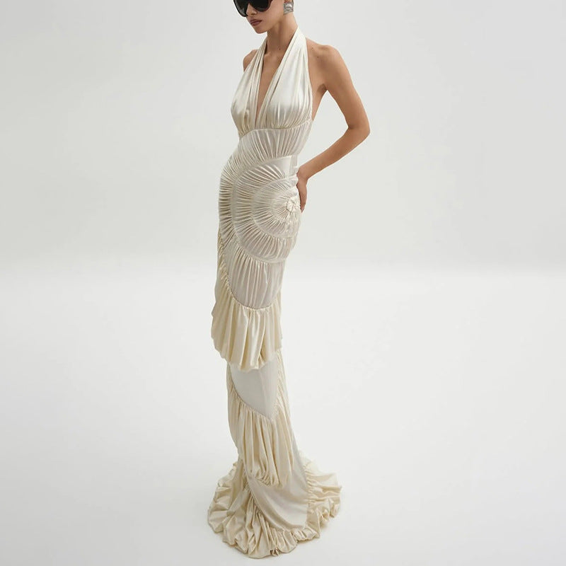 Slimming Patchwork Ruffled Irregular Asymmetric Maxi Dress Tide
