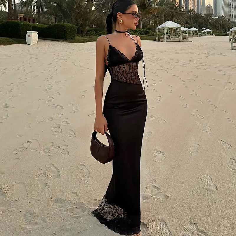 Slim Fit Tied Low Collar Sexy Mesh Stitching Lace Dress