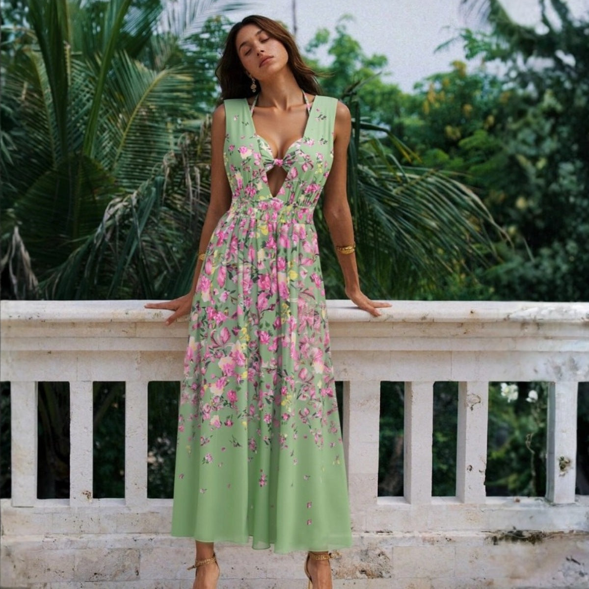 Swimsuit Green Floral One Piece Swimsuit Halter Set