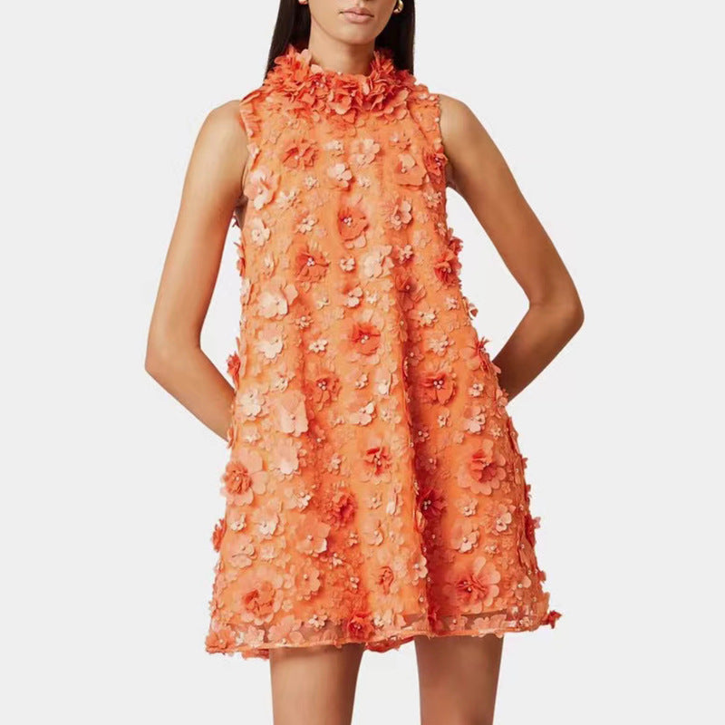Socialite Heavy Industry Beads Sleeveless Short Dress Three Dimensional Floral Decoration Design Short Tulle Tutu Dress