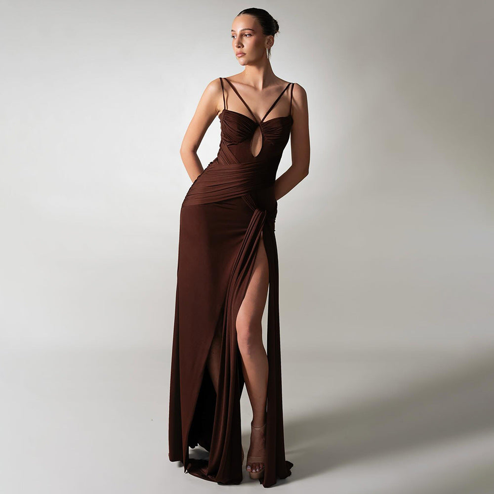 Dress Slim Fit Maxi Dress Backless Brown Pleating
