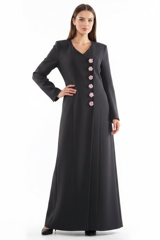 Personalized Cut Three Dimensional Floral Decoration Mid Length Trench Coat Overcoat Coat