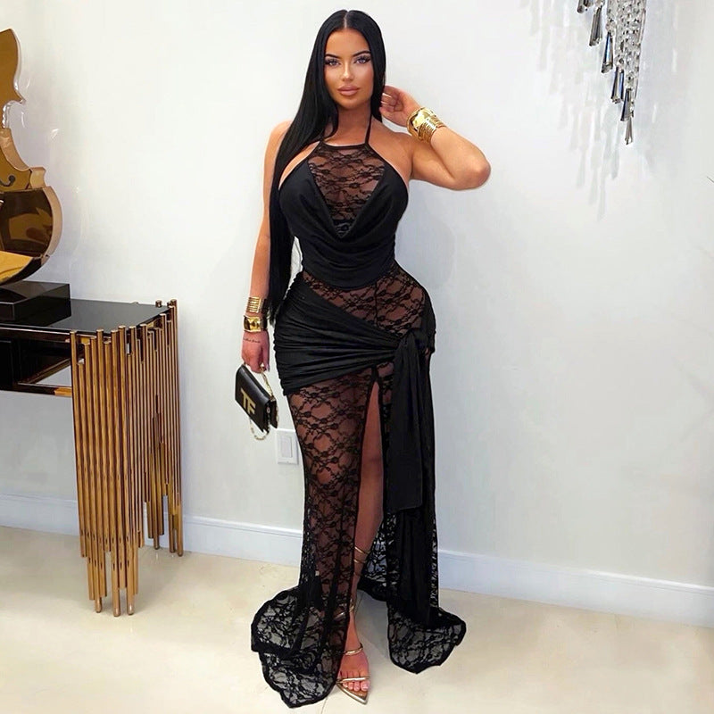 Solid Color Lace Stitching Halter Swing Collar Slit Ribbon Maxi Dress