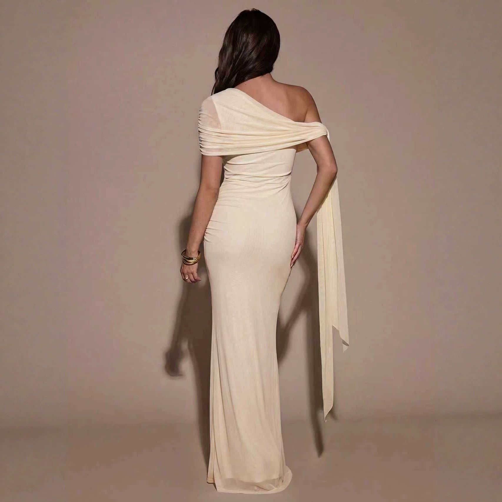 Shoulder Irregular Asymmetric Maxi Dress Pleated Slim Summer Dress