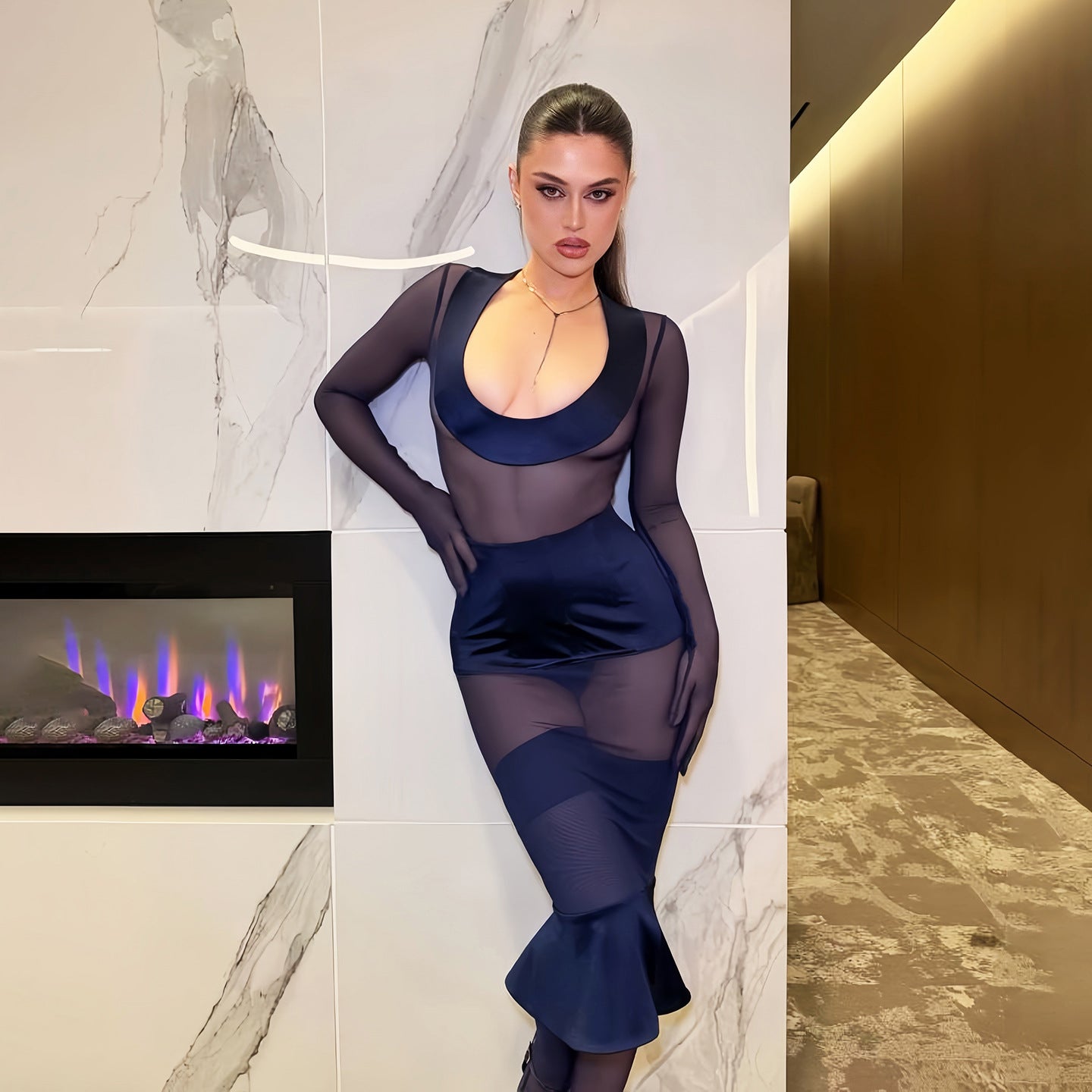 Low Collar Long Sleeves Slim Fit Sexy See through Mesh Cinched Sheath Dress