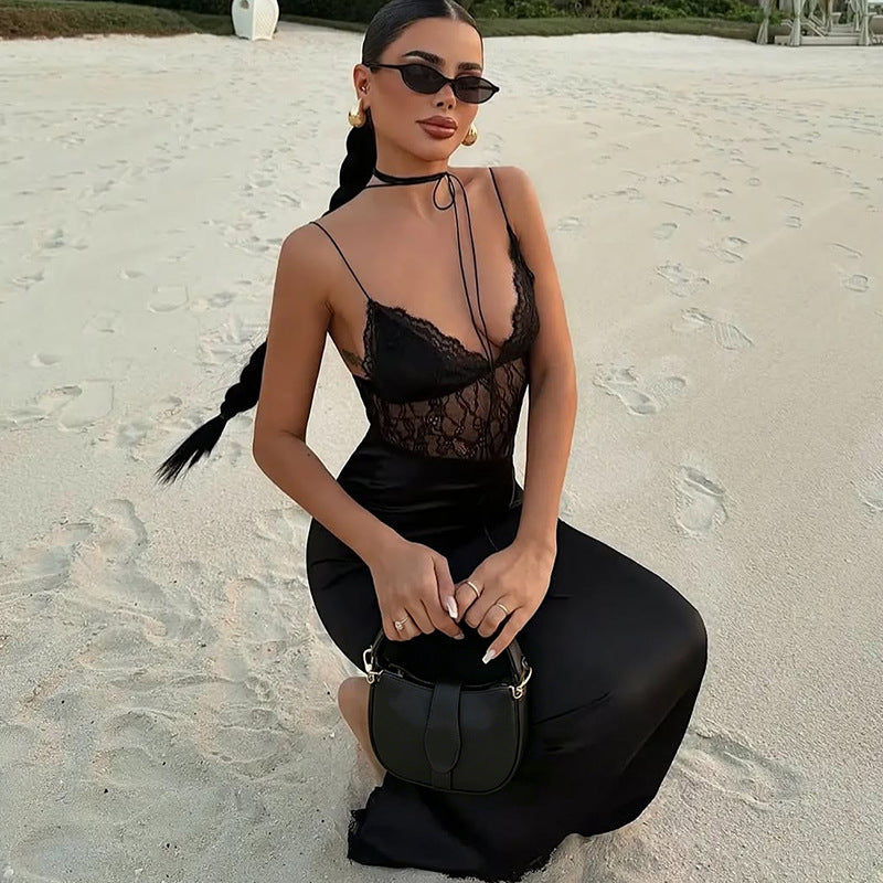 Slim Fit Tied Low Collar Sexy Mesh Stitching Lace Dress