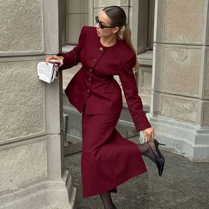 Red round Neck Long Sleeve Waist Blazer Split Skirt Two Piece Set