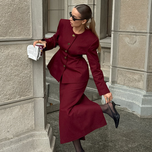 Red round Neck Long Sleeve Waist Blazer Split Skirt Two Piece Set