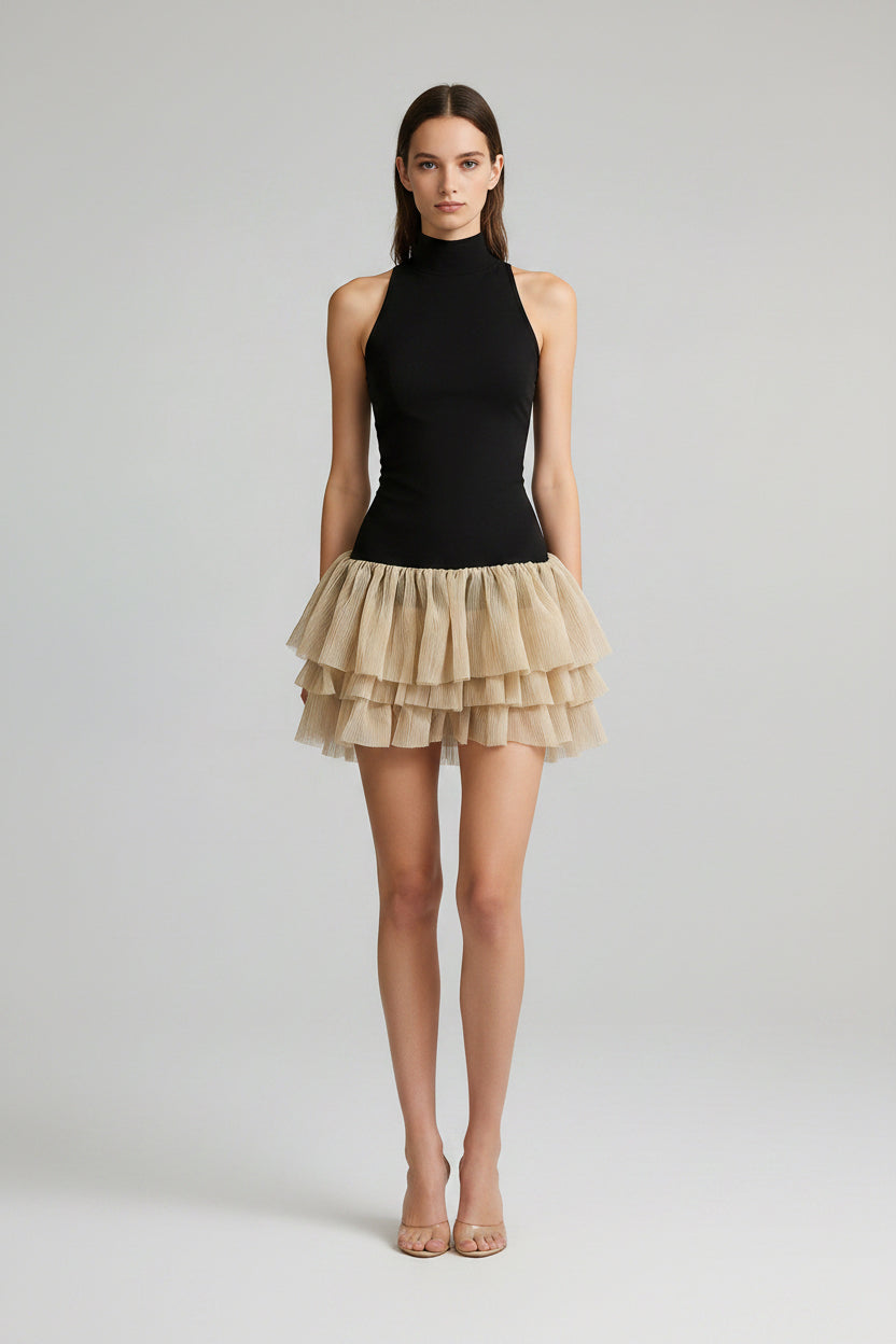 Contrast Short Sleeveless Stand up Collar Slim Fit Simple Bubble Dress
