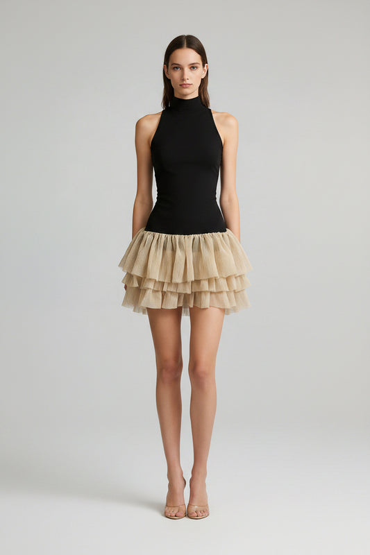 Contrast Short Sleeveless Stand up Collar Slim Fit Simple Bubble Dress
